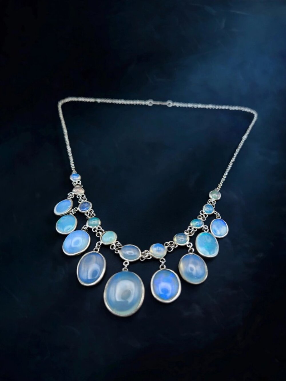 Antique Edwardian Sterling Silver Opal Fringe Festoon Necklace 20 Cabochons